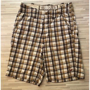 Hollister, Men's Bermuda Shorts, Brown Plaid, Button Fly, 9" Inseam, Size 28